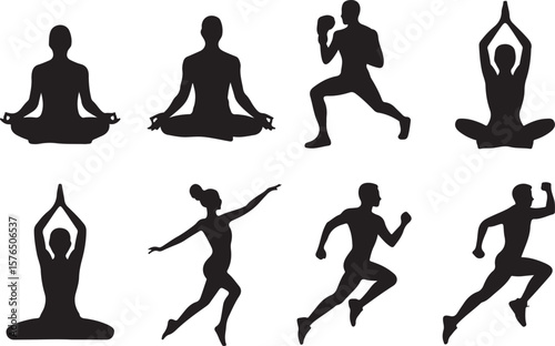 Diverse human figures in motion and stillness silhouette people