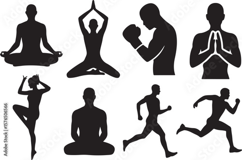 Diverse human figures engaged in athletic and mindful activities silhouette people