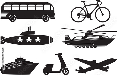 Diverse transportation vehicles illustrated in black silhouette bicycle submarine