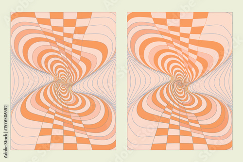 Two swirling optical illusions create an engaging geometric and abstract visual experience with soft peach and orange hues.