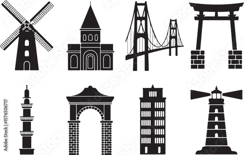 Iconic global landmarks and structures collection windmill church