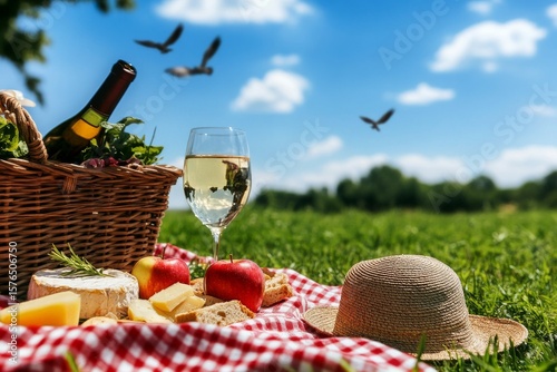 Cozy Picnic in a Sunny Field With Cheese, Fruits, and Wine on a Checkered Bla...