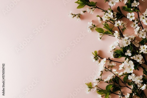 Cherry Blossom Branches Elegantly Arranged on a Soft Pink Background for Spri...