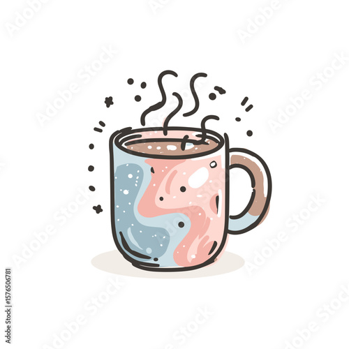 Decorative mug with steam and colorful swirls on white background  