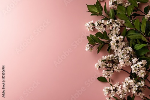 Beautiful White Blossoms With Green Leaves on Soft Pink Background During Spr...