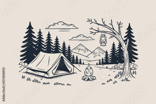 A Camping Adventure Illustration with Tent, Campfire, Mountains, and Evergreen Trees creates a scenic wilderness backdrop.