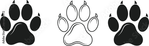 Cute paw print vector icon set: animal footprint designs, dog paw outline, pet track graphics, black silhouette and line art variations for branding.