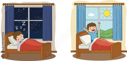 Young boy peacefully sleeping in bed at night, cozy and relaxed under his blanket, then cheerfully waking up to a sunny morning, stretching with energy, ready for a new day.