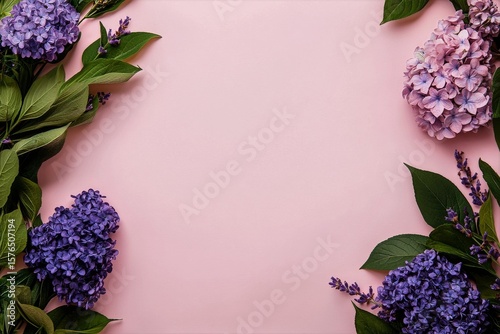 Purple Flowers Frame a Soft Pink Background With Greenery for a Vibrant and A...