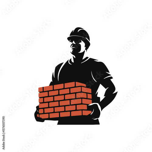 Red brick house building construction with a worker in a helmet and hammer
