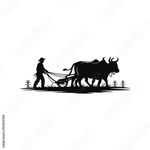A majestic cow and carriage, silhouetted against a nature landscape sky at sunset, capturing the essence of farm life and animal grace