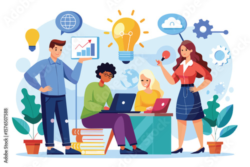 Illustration of a diverse team brainstorming and collaborating on innovative ideas in a modern office setting.