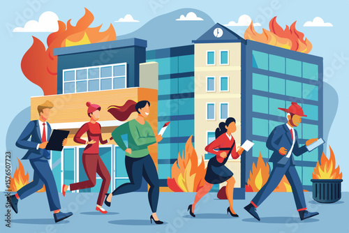 Illustration of office workers and a firefighter evacuating a burning building. People running amidst flames symbolize urgency, safety, and emergency response in a workplace setting.