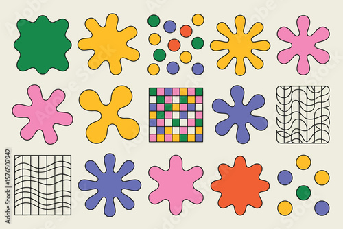 Groovy geometric patterns feature vibrant colors and retro shapes, perfect for adding a fun and playful touch to designs.