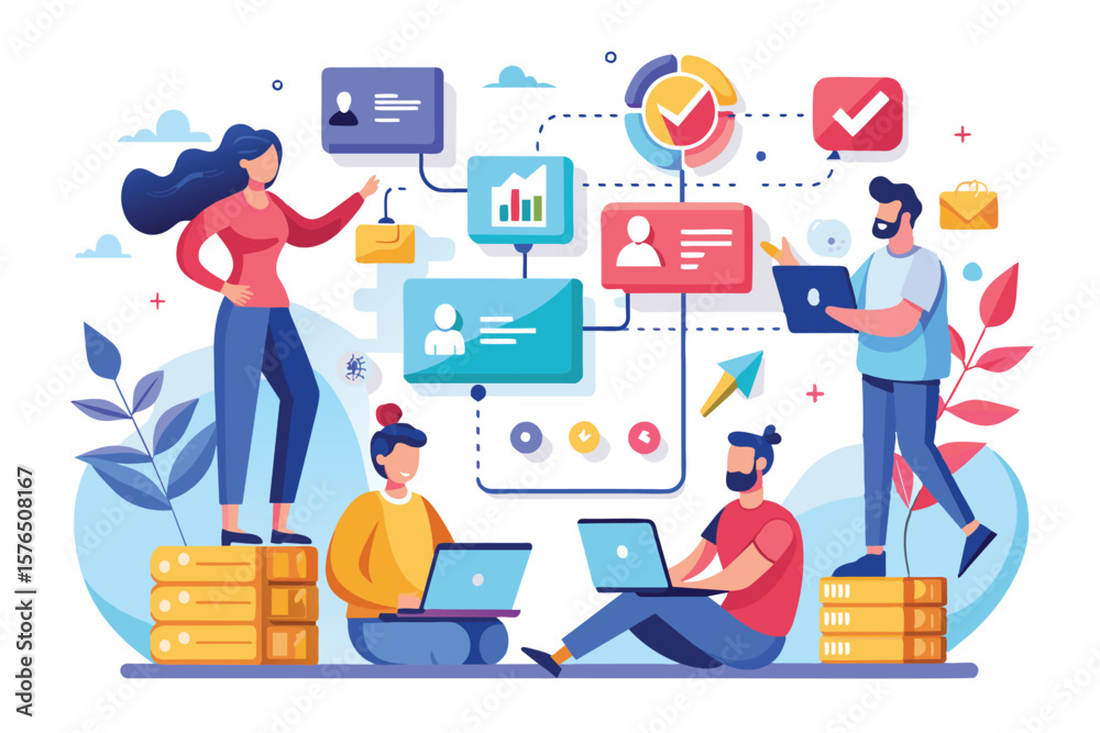 Fototapeta premium Illustration of a diverse team working together using laptops in a digital environment. Conceptualizes collaboration, technology, and data analysis in a creative workplace setting.