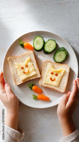 Creative Breakfast Plate With Smiling Toast Faces and Fresh Vegetables for a ...