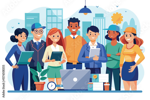 Illustration of a diverse group of professionals working together in an office setting. The team reflects teamwork, collaboration, and positivity in a modern workspace.
