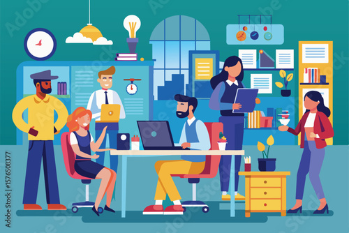 Illustration of a diverse team working collaboratively in a modern office environment. People are engaged with technology and communication, reflecting a productive and creative workspace.