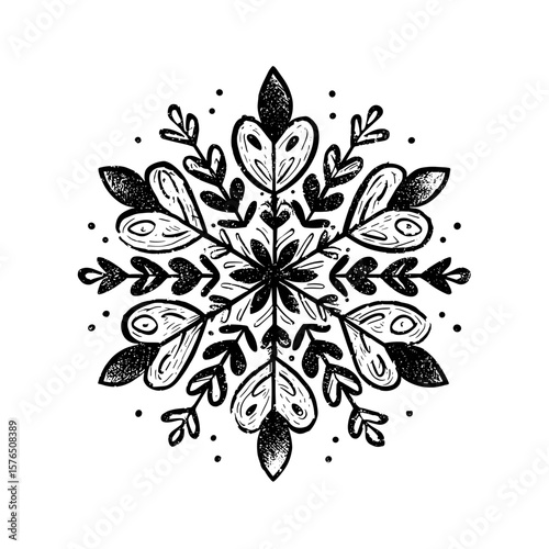 Floral snowflake design with intricate detailing in black and white  