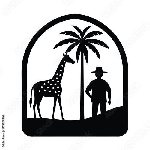 Giraffe man and palm tree in frame silhouette vector illustration