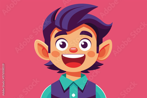 A vibrant cartoon character with large eyes and a broad smile, set against a bright pink background. Perfect for children media, animation projects, or cheerful design themes.