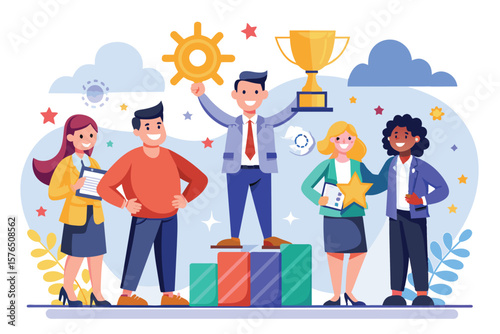 Illustration of a diverse team of five colleagues celebrating success. They stand proudly with a trophy, awards, and smiles, representing teamwork and achievement in a vibrant office