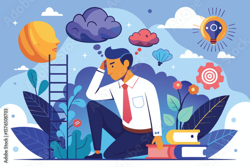 Illustration of a thoughtful businessman surrounded by creative symbols like light bulbs and clouds, depicting brainstorming and innovation in a colorful abstract setting.