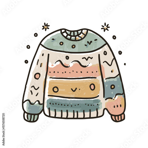 Colorful knitted sweater with playful patterns and details  