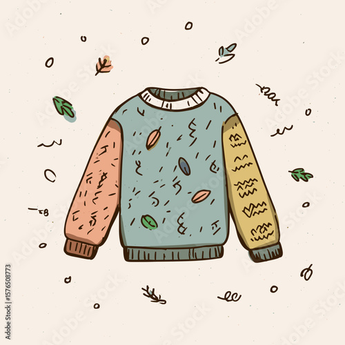 Colorful knitted sweater with abstract patterns and leaves illustration  