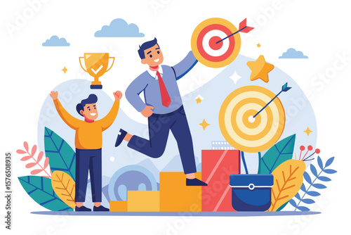 Illustration of a joyful business team celebrating success. A man holds a target while a trophy signifies achievement, surrounded by colorful elements symbolizing teamwork and growth.