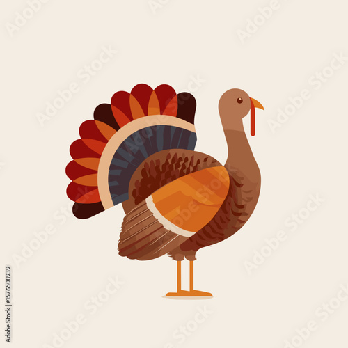 Cartoon turkey standing with colorful feathers on neutral background  