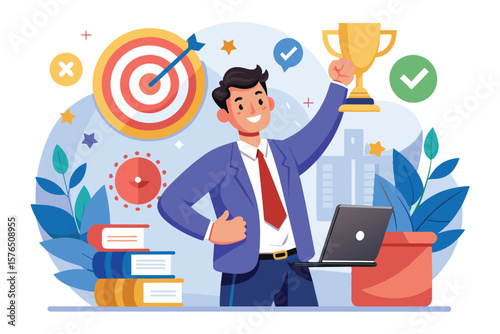 Illustration of a confident businessman holding a trophy, symbolizing success and goal achievement, surrounded by business elements like a target, laptop, and books.