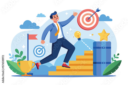 Illustration of a businessman reaching success represented by a target and trophy. Motivational concept showing step by step progress and achievement. Ideal for business, goals, and growth themes.