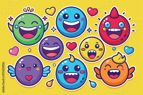 A vibrant illustration featuring various cartoon smiley faces expressing joy and happiness, surrounded by colorful hearts and stars. Perfect for adding a playful and cheerful touch.
