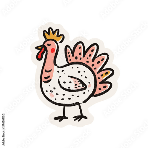 Cartoon turkey illustration with colorful feathers and crown  