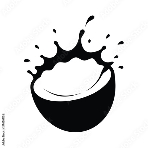Coconut half with splash black and white silhouette vector illustration