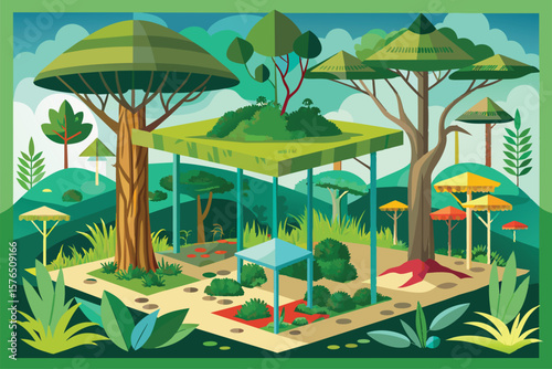 An artistic illustration featuring a vibrant geometric forest with abstract trees, lush greenery, and bold colors. This digital art captures a surreal and whimsical natural landscape.