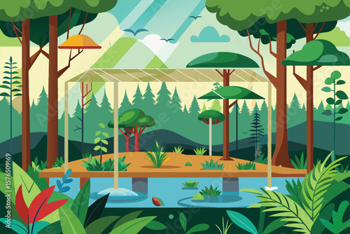 Illustrated nature scene featuring tall trees, lush greenery, and a tranquil water body under a clear sky, capturing the essence of outdoor serenity.