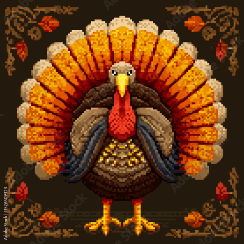 Colorful pixel art turkey with vibrant feathers on dark background  