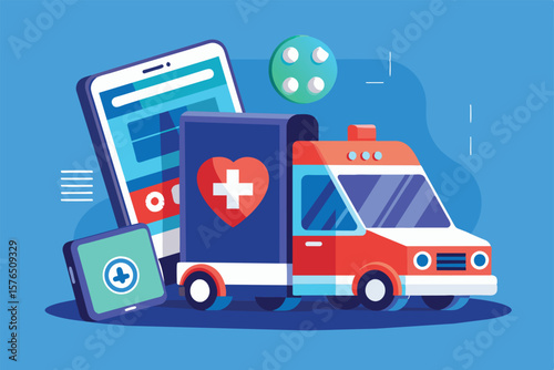 Colorful illustration depicting digital health technology integration with ambulance and medical devices. Highlights connectivity in healthcare through smartphones and tablets with medical symbols.