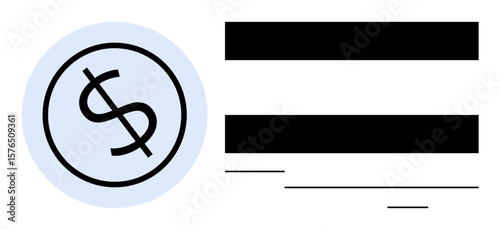 Dollar sign in circle beside horizontal lines representing money, payment, finance topics. Ideal for economy, accounting, banking, budgeting, corporate, consulting simple flat metaphor