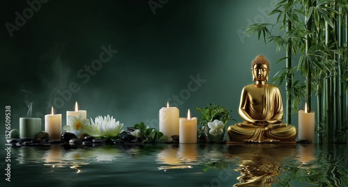 Peaceful Meditation Space With Buddha Statue and Candles Surrounded by Lush G...