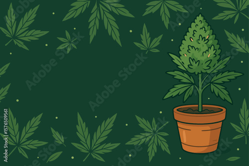 Cartoon Cannabis Plant in Pot Vector Illustration – Marijuana Leaf Frame Background