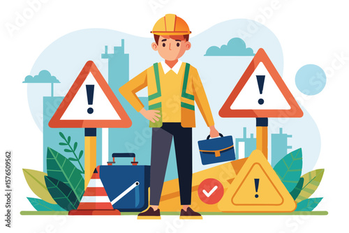 Illustration of a construction worker in safety gear surrounded by various caution signs and equipment. Emphasizing themes of safety, construction industry, and work environment.