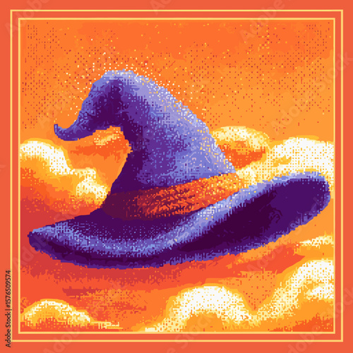 Witch hat floating among clouds with orange sunset background  