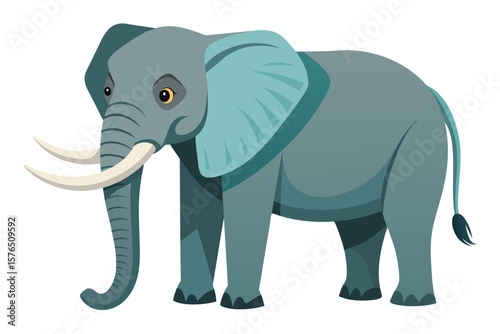A vibrant cartoon illustration of an elephant with prominent tusks and big ears, standing gracefully against a white background. Ideal for educational materials and wildlife themed