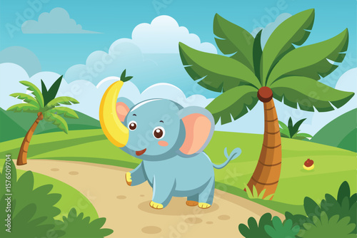 Adorable cartoon elephant with a banana enjoying a stroll in a vibrant, tropical jungle setting. Ideal for childrens illustrations and playful, colorful themes.