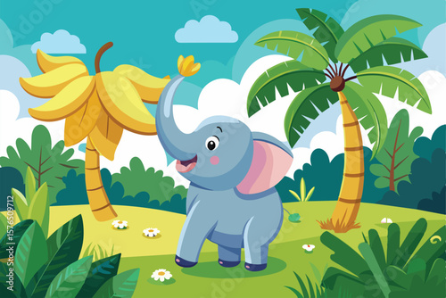 Charming illustration of a playful cartoon elephant in a vibrant tropical jungle setting. Features lush greenery, palm trees, and bright colors, creating a cheerful and fun atmosphere.