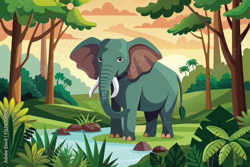 Colorful illustration of an elephant standing in a vibrant jungle with green trees and a serene stream. Captures the essence of wildlife and natural beauty.