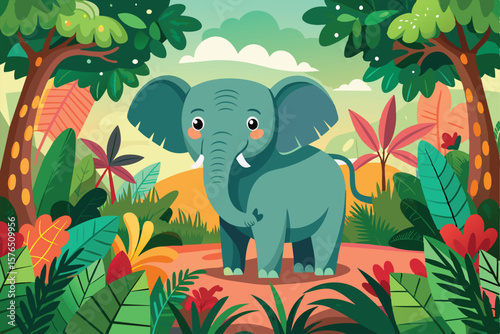 Cute cartoon elephant standing in a lush, colorful jungle with diverse greenery and lively elements, conveying a cheerful and whimsical atmosphere perfect for childrens content.